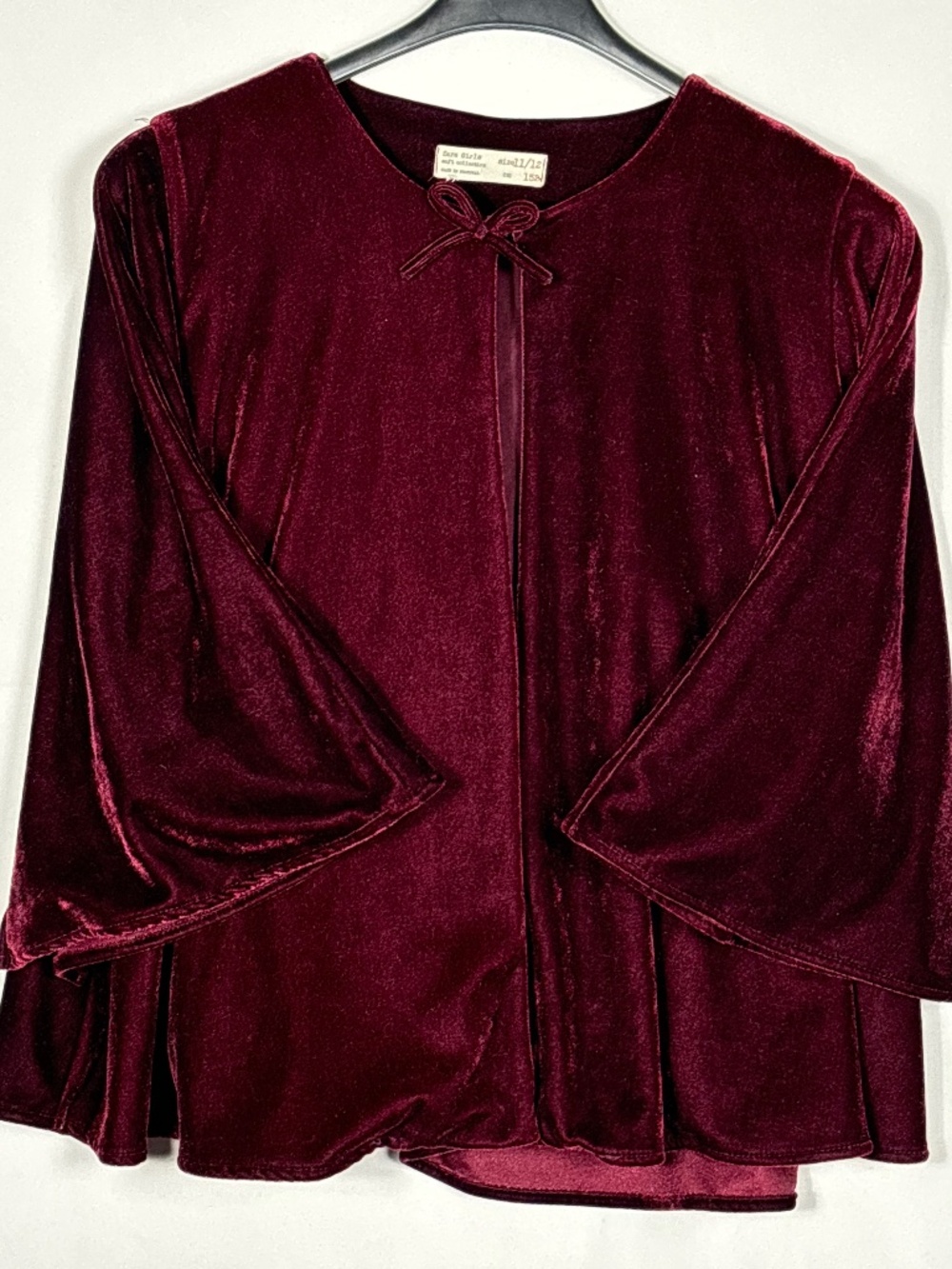 Zara Girls Burgundy Velvet Cape Jacket Bow Tie Cotton Lined Holiday 11/12